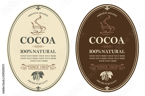 collection of labels with cocoa beans, branch and leaves