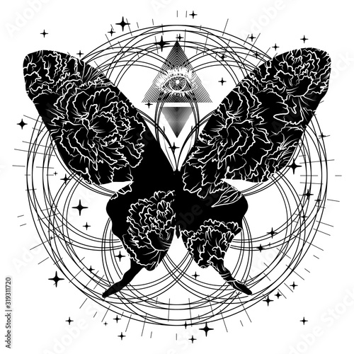 Mystical illustration with silhouette butterfly and a third eye. Can be used for topics in alchemy, esotericism, mysticism, occultism, meditation.