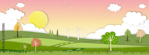 Paper art Spring landscape with mountain, sky and clouds,Panorama Green fields, fresh rural nature in springtime with green grass land. Cartoon vector illustration for spring and summer banner