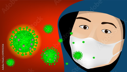 The cartoon illustration picture of an Asian woman wear mask to protect herself from the virus disease. ( vector )
