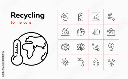 Recycling line icon set. Forest, car charge station, water resource. Ecology concept. Can be used for topics like environment protection, sustainable development, alternative fuel