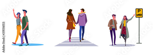 Set of happy couple going out together. Flat vector illustrations of people ordering taxi on street. Dating, stroll, public transport concept for banner, website design or landing web page