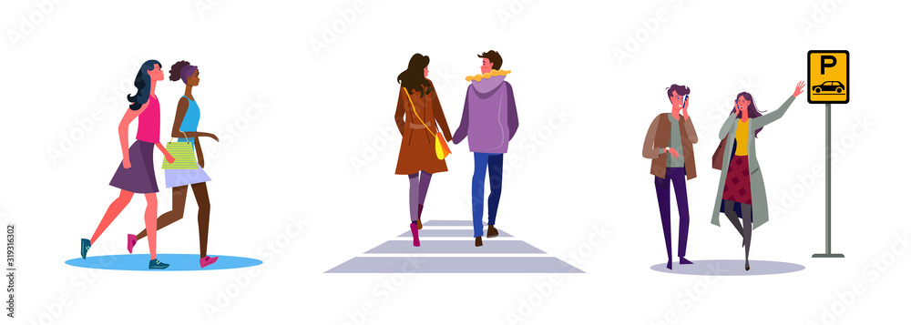 Set of friends and couples going out to downtown. Flat vector illustrations of people ordering taxi by call. Walking, going out, public transport concept for banner, website design or landing web page