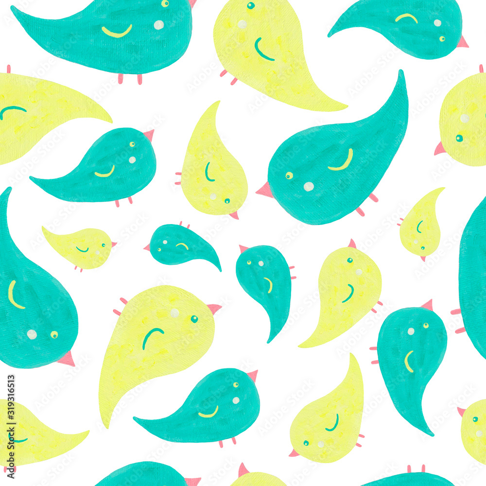 Cute birds. Seamless pattern.Hand drawn gouache on paper. Green, yellow elements on wite background. For printing, textile, scrapbooking, template Cute birds. Seamless pattern.Hand drawn gouache on paper. Green, yellow elements on wite background. For printing, textile, scrapbooking, template