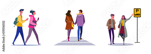 Set of couple walking around city. Flat vector illustrations of busy people ordering taxi. Walking outside, going out, public transport concept for banner, website design or landing web page
