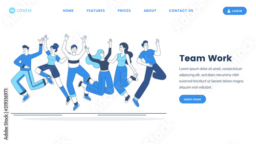 Teamwork landing page vector template. Team building courses website homepage interface idea with outline illustrations. Business cooperation, successful coworking webpage cartoon concept