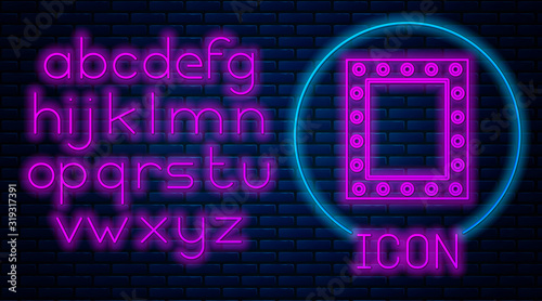 Glowing neon Makeup mirror with lights icon isolated on brick wall background. Neon light alphabet. Vector Illustration