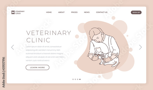Veterinary clinic landing page vector template. Animal hospital website homepage interface idea with doctor treating cat illustrations. Medical services for pets webpage cartoon concept