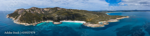 Aerial panoramic view of Little Beach and the smaller Waterfall Beach in Western Australia