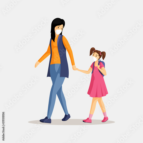 Mother and daughter in respirators illustration. Woman and little girl with protective masks isolated flat cartoon characters. Protection against air pollution, dust, smog and industrial emissions