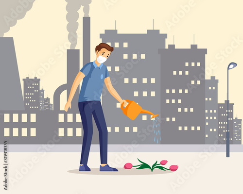 Man saving nature flat color illustration. Young caucasian guy cartoon character watering dying flowers in industrial city. Environment protection against air pollution, co2 emissions problem concept