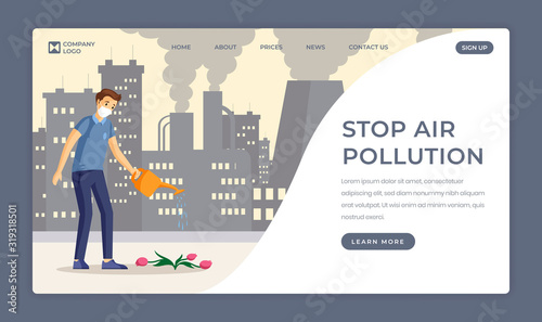 Saving nature flat landing page template. Stop air pollution, decrease industrial emissions one page website design. Man watering flower in polluted city cartoon character with text space