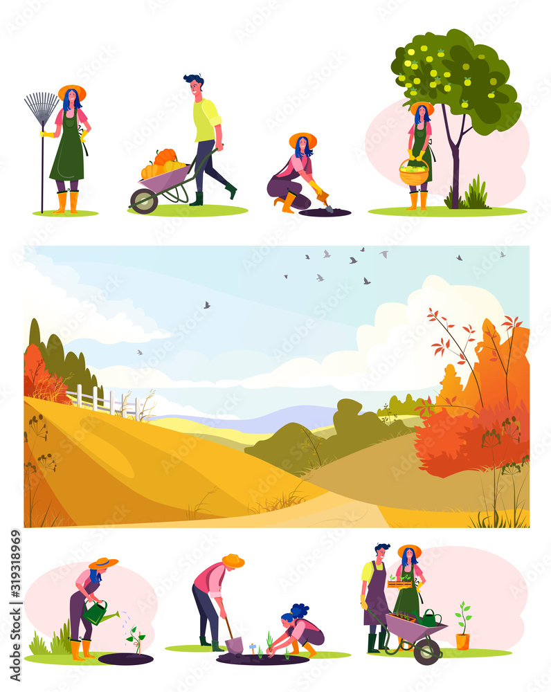 Fototapeta premium Happy gardeners set. Man and woman planting, gathering harvest, picking apples, fall landscape . Flat vector illustrations. Autumn, gardening concept for banner, website design or landing web page