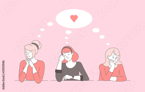 Sad lonely women cartoon outline illustration. Upset ladies with broken heart thinking about boyfriend flat lineart characters, unrequited love. Beautiful young girls missing sweetheart