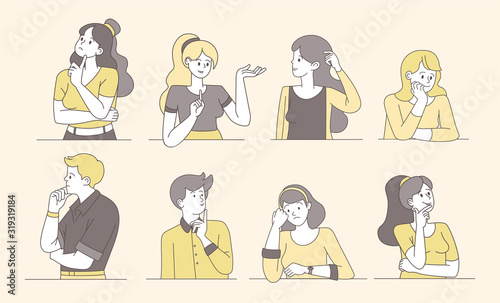 Pensive, thoughtful people cartoon vector illustrations. Young guys and girls thinking, pensive, puzzled women, men with unsure faces. Female and male isolated contour characters searching solution