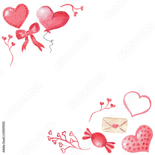 Watercolor painted illustrations for saint Valentine's Day celebrating