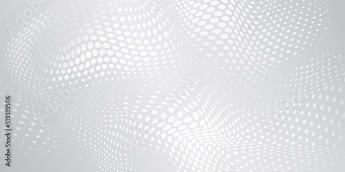 Abstract halftone background with wavy surface made of dots in white and gray colors