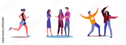 Set of friends dancing and talking together. Flat vector illustrations of woman jogging in sportswear. Fitness, communication, dancing concept for banner, website design or landing web page