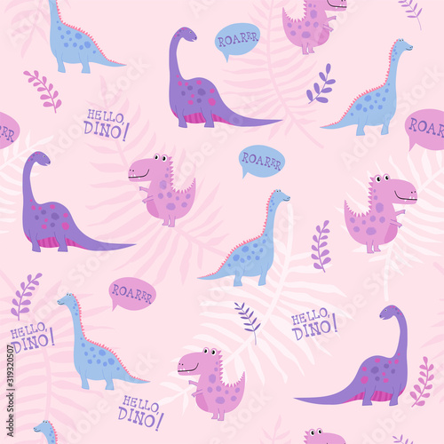 Cute seamless pattern with hand drawn dino in cartoon style