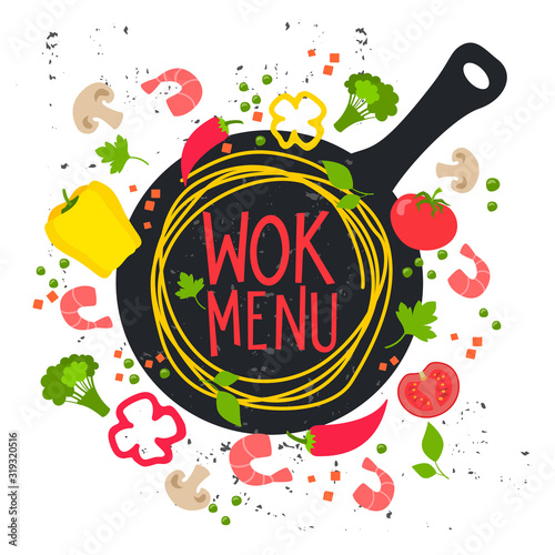 Asian food in a pan. Chinese noodles or wok with shrimp and vegitables