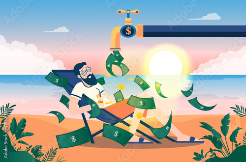 Money faucet - Man on beach enjoying a pile of money raining down from water faucet. Open valve with dollar bills, beautiful view with sunrise in background. Passive income, salary & profits concept.