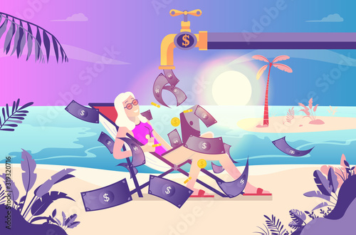Passive income woman - Girl on vacation lying on beach with a faucet spraying money. Easy money, earnings, salary and return on investment concept. Vector illustration.