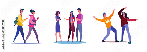 Set of students going to classes and having fun. Flat vector illustrations of people chatting together. Conversation, going out, dancing, walk concept for banner, website design or landing web page