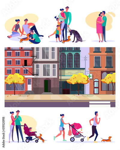 Families enjoying leisure set. Citizens walking or running outside, apartment houses facade. Flat vector illustrations. Lifestyle, real estate concept for banner, website design or landing web page