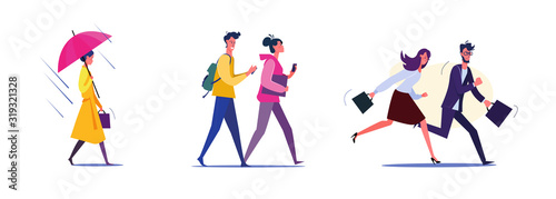 Set of employees walking and rushing to work. Flat vector illustrations of students going to classes together. Rush, walking, raining concept for banner, website design or landing web page