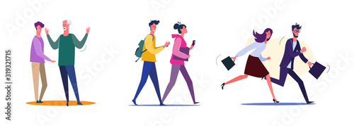 Set of students walking and running to their destinations. Flat vector illustrations of father and son arguing. Dispute, rush, walking concept for banner, website design or landing web page