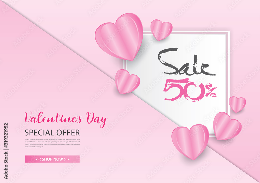 valentine's day abstract background vector illustration, pink heart shape, banner template, web page, sale banner, greeting card, advertisement