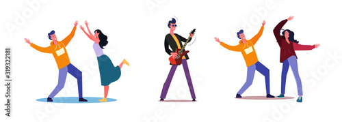 Set of people dancing and waving hands. Flat vector illustrations of musician playing electric guitar. Music concert, performance, dancing concept for banner, website design or landing web page