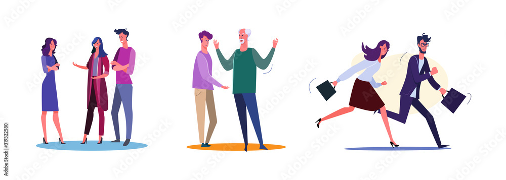 Set of office staff discussing and managing project in rush. Flat vector illustrations of dad and son arguing. Deadline, dispute, communication concept for banner, website design or landing web page