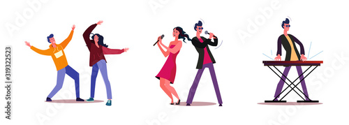 Set of people singing and dancing together. Flat vector illustrations of musician playing on keyboard. Music concert, performance, entertainment concept for banner, website design or landing web page