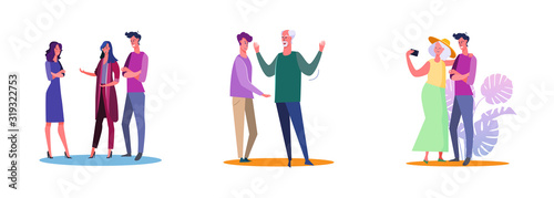 Set of family members chatting and discussing. Flat vector illustrations of relatives making selfie. Communication, argue, selfie, family concept for banner, website design or landing web page