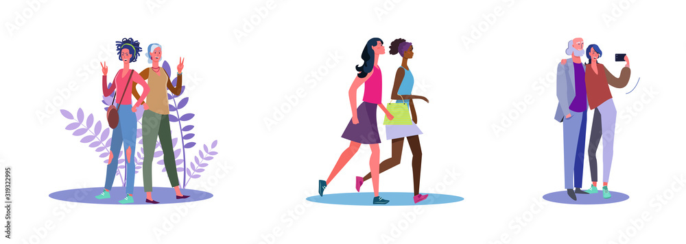 Set of cheerful friends posing and making selfie. Flat vector illustrations of women walking around together. Friendship, selfie, going out concept for banner, website design or landing web page