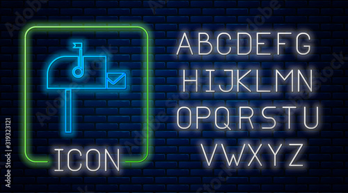 Glowing neon Open mail box icon isolated on brick wall background. Mailbox icon. Mail postbox on pole with flag. Neon light alphabet. Vector Illustration