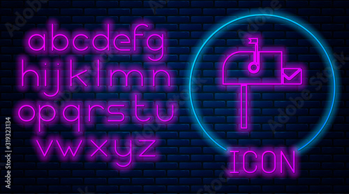 Glowing neon Open mail box icon isolated on brick wall background. Mailbox icon. Mail postbox on pole with flag. Neon light alphabet. Vector Illustration