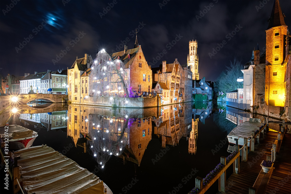 Cityscape of Bruges (Belgium) by Night, Belfry Tower