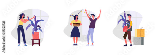 Set of people taking care of their domestic plants. Flat vector illustrations of friends celebrating birthday. Celebration, delivery, floristry concept for banner, website design or landing web page