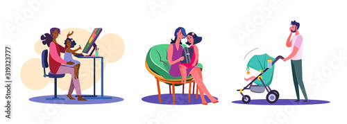 Set of family spending leisure time together. Flat vector illustrations of parents educating children. Family, parenting, leisure time activities concept for banner, website design or landing web page