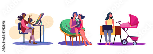 Set of mothers spending time with their children. Flat vector illustrations of women taking care of kids. Family, parenting, leisure time concept for banner, website design or landing web page