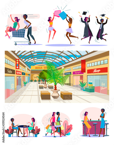 Female friendship set. Women having fun together, drinking in bar, shopping mall. Flat vector illustrations. Old friends, entertainment concept for banner, website design or landing web page