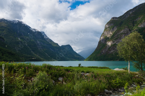 Beautiful lake Oldevatnent in Stryn, Norway. July's afternoon. 2019