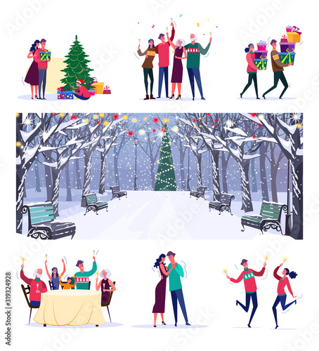 New Year party set. Family people giving gifts, dancing, toasting, city park landscape. Flat vector illustrations. Celebration, holiday concept for banner, website design or landing web page