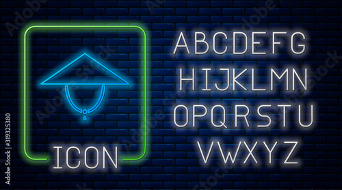 Glowing neon Asian conical hat icon isolated on brick wall background. Chinese conical straw hat. Neon light alphabet. Vector Illustration