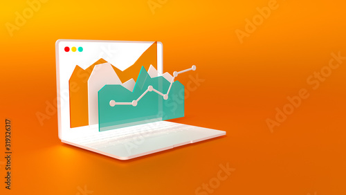 White notebook with stock market graph on orange background. Hi resolution rendered 3d illustration. 