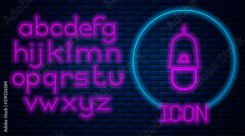 Glowing neon Police cap with cockade icon isolated on brick wall background. Police hat sign. Neon light alphabet. Vector Illustration