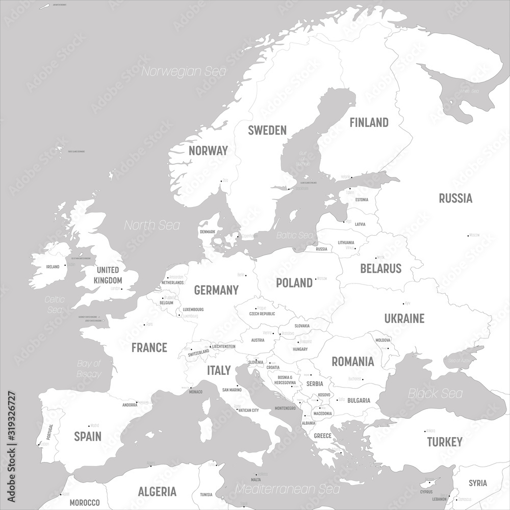 Fototapeta Europe map - white lands and grey water. High detailed political map of european continent with country, capital, ocean and sea names labeling