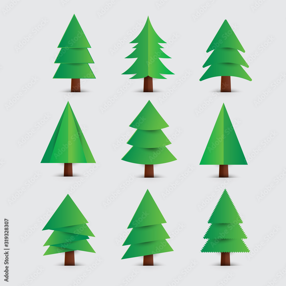 Set of trees with paper art style,vector illustration. 